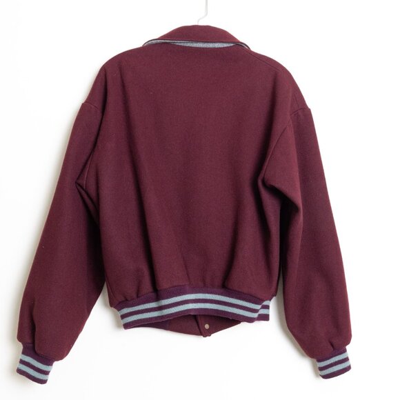 Vintage L.L. Bean Wool Varsity Bomber Jacket Burgundy Unisex Small - Picture 2 of 13